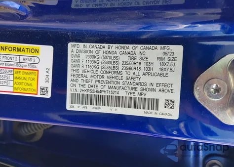 2023 Honda Cr-V Hybrid Sport z USA, uszkodzony, nr VIN 2HKRS5H54PH715214